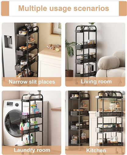 UMDONX Slim Storage Cart 4 Tier with Pull Out Basket Bathroom Organizer Rolling cart, Rolling Utility Cart Slide Out Organizer for Kitchen, Bathroom, Laundry Black