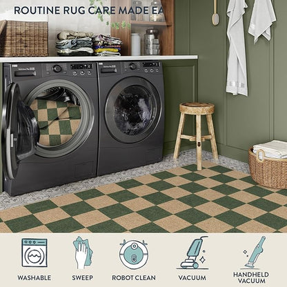 Lahome Checkered Easy Jute Dining Room Rug, 5x7 Indoor Outdoor Rugs for Patio Living Room, Neutral Checkerboard Non Slip Low Pile Green Carpet for Bedroom Office Backyard