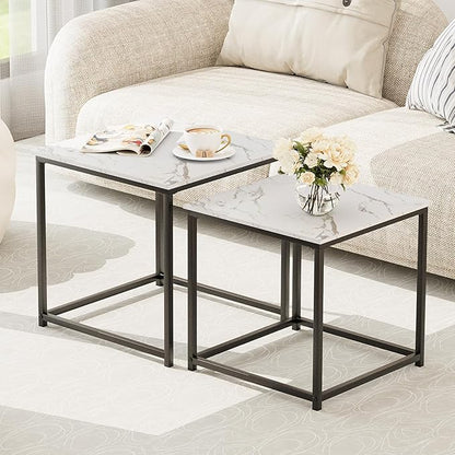Garden 4 you Coffee Table Set of 2, Modern Faux Marble Nesting Table, Metal Frame Square Center Table Set, Side Tables, Nesting Coffee Table for Living Room, Bedroom and Small Spaces, 19.7in Black