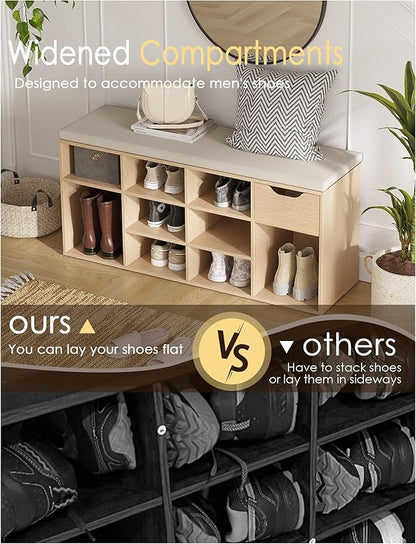DINZI LVJ Shoe Storage Bench with Cushion, 11- Cubby Entryway Bench with Drawer and Adjustable Shelves, 40.9" Long Cubby Shoe Rack for Living Room, Bedroom, Mudroom, Natural and Cappuccino Beige