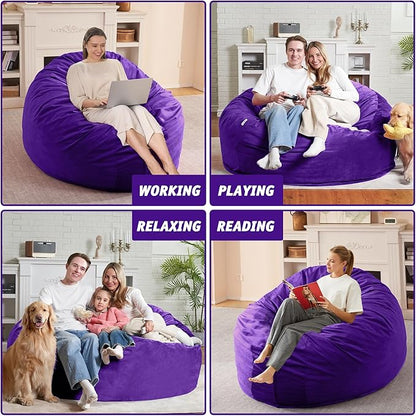 5FT Bean Bag Chair with Ultra Soft Velvet Cover Bean Bag Sofa with Memory Foam Bean Bag Chairs with Large Size Lazy Sofa for Dorm Office Living Room Bedroom Purple 5'