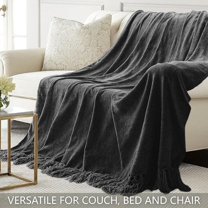 Chenille Throw Blanket for Couch 60"X 80" Twin, Soft Cozy Throws with Fringe Tassel for Bed Sofa Chair Cover, Lightweight Knitted Decorative Boho Blankets for Living Room, Dark Grey