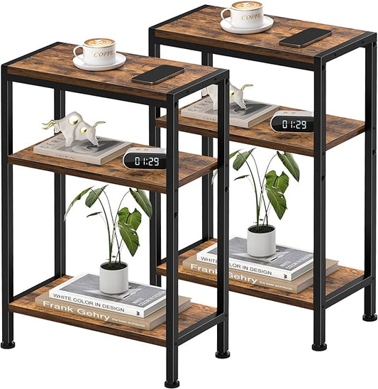 Narrow Side Table for Small Space Set of 2, 3-Tier Small End Table with Shelf Holder, Slim Nightstand, Skinny Snack Couch Table in Living Room, Bedroom, Study, Kitchen and Balcony（Rustic Brown
