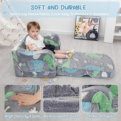 Comfy Toddler Chair and Couch for Kids with Blanket,2-in-1 Soft Plush Fold Out Toddler Couch for Girls and Boys,Convertible Sofa to Lounger for Playroom,Gray Dinosaur
