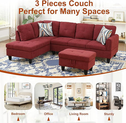 Osparple L Shaped Couch Sectional Couches for Living Room Upholstered Fluffy Fabric 3 Pieces Modular Sectional Sofa with Chaise, Ottoman with Storage for Living Room and Small Apartment, Red