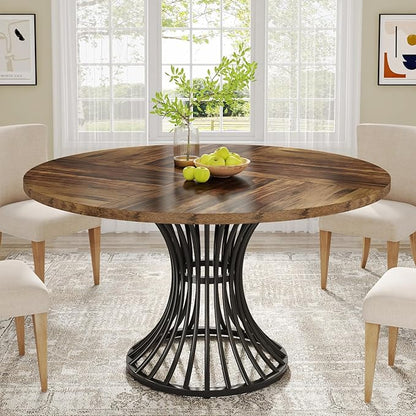 Tribesigns Round Dining Table for 4-6 People, 47-Inch Farmhouse Dinning Room Circle Kitchen Table, Industrial Dinner Table with Metal Base for Kitchen, Living Room, Black and Brown