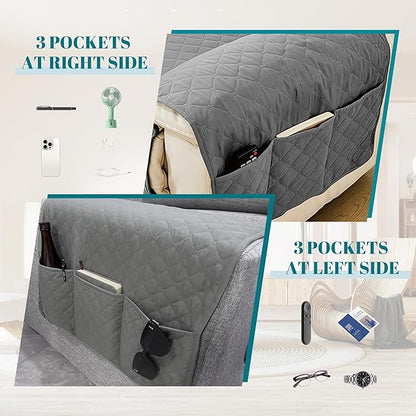 MEHIDFY Sofa Seat Arm Cover, Waterproof Couch Armrest Protector, Anti-Slip Sofa Cover, Remote Holder for Armchair, Dual Side Recliner Caddy with 3 Pockets for TV Remote, Phone, Pad, Pen, Book(Grey)
