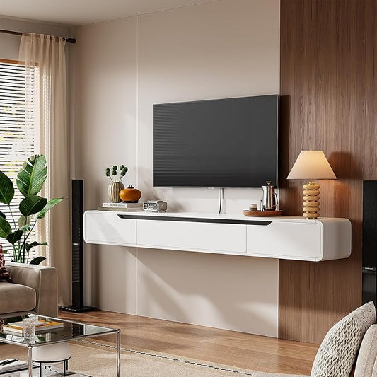 Fully-Assembled Floating TV Stand, 47IN High Gloss Wall Mounted Entertainment Center, Modern Media Console with Storage, Under TV Shelf for Bedroom Living Room White