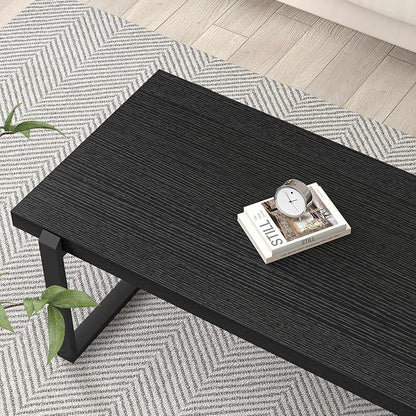 EXCEFUR Modern Black Coffee Table, Industrial Wooden and Metal Center Table for Living Room, Rectangle Cocktail Tea Table, Black Oak, 44 Inch
