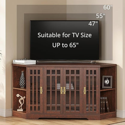 IRONCK Corner TV Stand for TVs up to 60 Inch with Power Outlet, Corner Entertainment Center with Storage Cabinet and Glass Doors, Mid Century Modern TV Stand for Living Room, Bedroom, Red Walnut