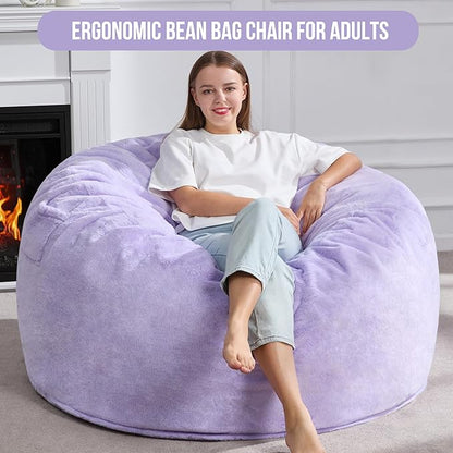 Hobestluk 5ft Bean Bag Chairs for Adults Large Beanbag Chair with Plush Faux Fur Cover Big Bean Bag Chair for Living Room Bedroom Dorm Office - Purple (50” x 50” x 24”)