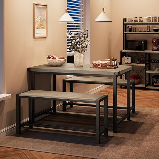 Dining Table Set for 4 with 2 Benches, 3-Piece Kitchen Table Set, Space-Saving Dining Set for Kitchen, Dining Room, Gray