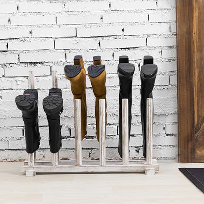 MyGift Shabby Whitewashed Wood Boot Rack Organizer Tall Boots Inverter Holder - Holds up to 6 Pairs