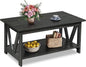 WLIVE Coffee Table with Storage Shelf, 39.4" Farmhouse Coffee Table with V-Frame Support, 2-Tier Wood Rustic Center Table for Living Room, Bedroom & Balcony, Charcoal Black