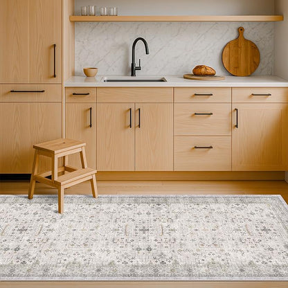Light Gray Washable 2'6"x8' Wide Hallway Runners, Kitchen Runner Rug, Non-Slip & Stain Resistant Long Floor Rug, Neutral Boho Floral Décor