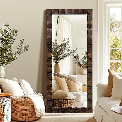 56x24 Inch Handcrafted Solid Wood Square Wall Mirror with Geometric Wood Inlay Design, Rustic Natural Texture for Bathroom, Bedroom, Living Room Decor