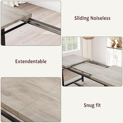 GarveeHome Dining Table Set for 4-6, 63" Extendable Wood Dining Room Table with Corner Protector & 2 Upholstered Benches, Kitchen Table Set for Apartment, Small Space, Easy Assembly,Retro Gray