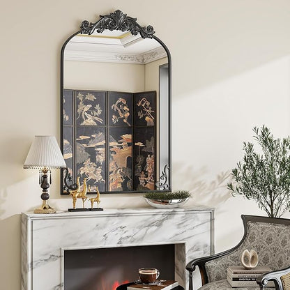 24x36 inch Vintage Arched Bathroom Mirror - Gorgeous Wall Vanity Mirror with Beautiful Retro Top and Bottom Engraving Process Frame for Entryway Hallway Living Room, Black