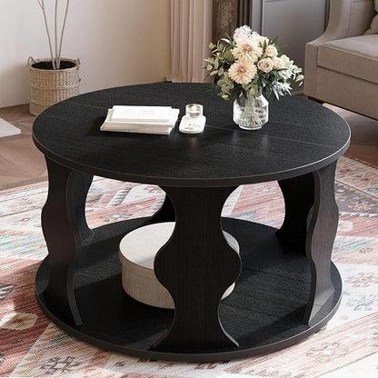 HSH Black Round Coffee Table, Modern Wood Circle Center Table for Living Room, Unique Rustic Wooden Circular Coffee Table with Storage, 2-Tier Accent Cocktail Tea Tables in Small Room, 31.5 in, Oak