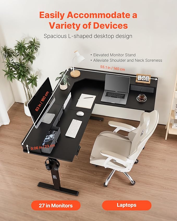 VEVOR 63'' Electric L Shaped Standing Desk, 3 Memory Height, 2-Tier Corner Table with 4 Drawers Storage, 2 Hooks & Cable Hole, Heavy Duty Carbon Steel Sit Stand Computer Workstation, Easy to Assemble