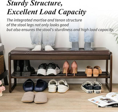 Shoe Bench, Entryway Bench with Leather Cushion, Solid Wood Shoe Rack, Mid Century Modern Bench, Shoe Storage, Shoe Organizer for Entryway (Brown, 39.4" W)