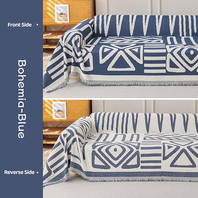 STACYPIK Reversible Boho Blue Beige Couch Cover for 2 Cushion Couch Sofa Cover for Dogs Anti-Scratch Furniture Protector Cover with Tassels for Pet Cat Non-Slip Loveseat Cover for Sectional-71X102IN