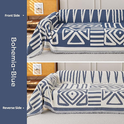 STACYPIK Modern Boho Couch Covers, Non Slip Blue Geometric Sofa Cover for Loveseat, Washable Furniture Protector for 3 Cushion Couch, Anti Slip Reversible Jacquard Couch Throw Covers for Sofa-71X150IN