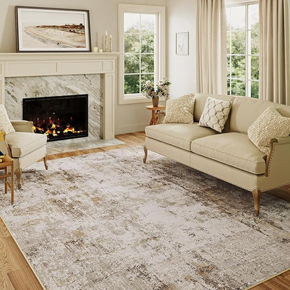 12x15 Washable Area Rug Brown Grey Abstract Neutral Living Room Bedroom Large Throw Rug Non Slip Soft Distressed Low Pile Indoor Floor Carpet for Kitchen Office Entryway