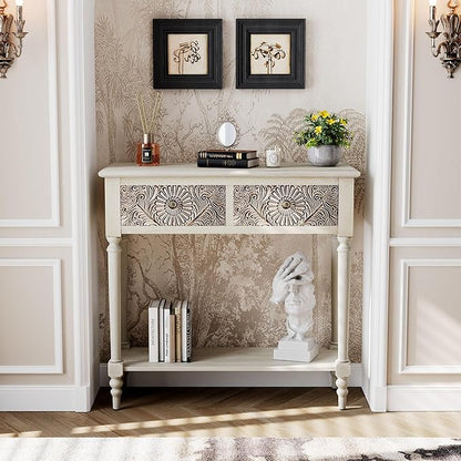 COSIEST Console Table with 2 Drawers, MDF Narrow Entryway Table with Storage Shelf, Wood Accent Sofa Table for Living Room, Entrance, Hallway, Couch, Light Grey