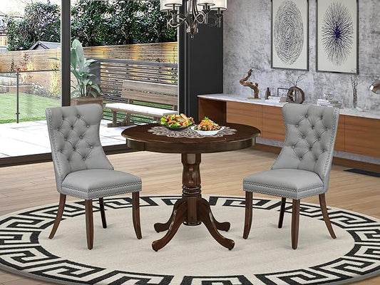 East West Furniture ANDA3-AWA-27 3 Piece Dining Room Table Set Consists of a Round Kitchen Table with Pedestal and 2 Polyester Fabric Parson Chairs, 36x36 Inch, Antique Walnut