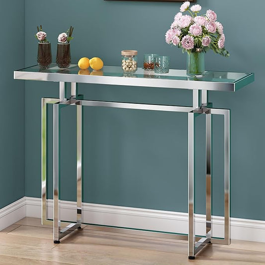 ASYA Glass Console Table for Entryway, Modern Entryway Table with Tempered Glass & Chrome Frame, Silver Sofa Table for Living Room Hallway