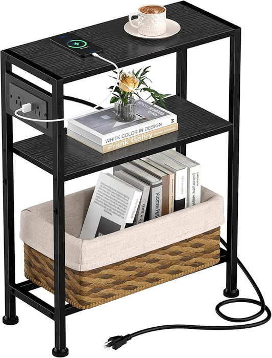 Small Narrow Side Table with Charging Station, Skinny End Table for Small Spaces, Slim Nightstand with Outlets, Sofa Bedside Table in Living Room, Bedroom, Study, Kitchen and Balcony(Black)