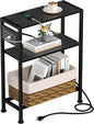Small Narrow Side Table with Charging Station, Skinny End Table for Small Spaces, Slim Nightstand with Outlets, Sofa Bedside Table in Living Room, Bedroom, Study, Kitchen and Balcony(Black)