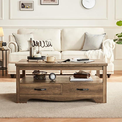 LINSY HOME Farmhouse Coffee Table with Storage, Wood Coffee Table for Living Room, Open Display Area and Storage Drawers with Metal Handles, Chic Style with Curved Base, Brown