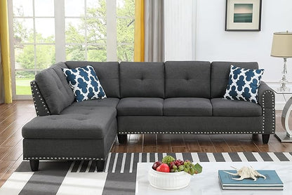 Ball & Cast 98" L Shaped Modular Sectional Couch for Living Room,4 Seat Linen Upholstered Sectional Sofa Set 2 PCS with Chaise,Coffee Table,Cup Holder,Pillows & Nailhead Trim for Home,Office,Dark Gray