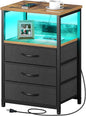 Seventable Nightstand with Charging Station and LED Light, Set of 2 Side Table with 3 Fabric Drawers, Bedside End Table with USB Ports and Outlets, Night Stand for Bedroom, Rustic Brown