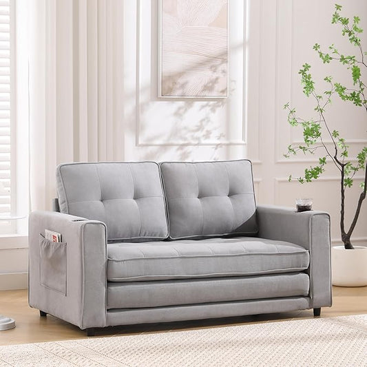 ERYE Modern Upholstered Loveseat Sofa Foldable Convertible Floor Sofabed W/Cupholders and Pockets, 3 Fold Tufted Futon Lounge Sofa with Pull Out Sleeper Couch Bed for Living Room Bedroom Studio