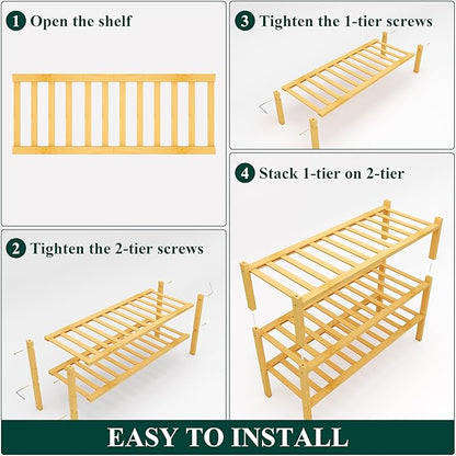 Smiry Shoe Rack, 3 Tier Thick Bamboo Shoe Organizer, Stackable Free Standing Wooden Shoe Storage Shelf for Closet, Entryway, Front Door Entrance, Natural