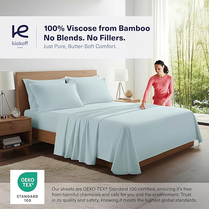Kickoff Viscose Bamboo Sheets Full Size 4-pc 100% Organic Bamboo Viscose Bed Cooling Sheets Full Size Set Cool Bedding for hot Sleepers Sheet, Flat, Fitted, Pillowcases (Coastal Blue, F)