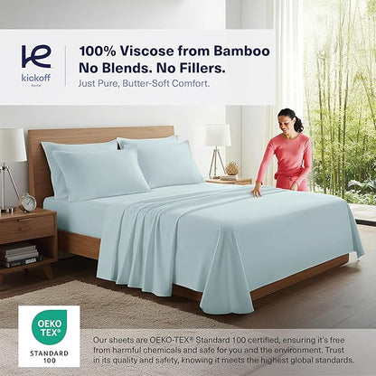 Kickoff Viscose Bamboo Sheets Full Size 4-pc 100% Organic Bamboo Viscose Bed Cooling Sheets Full Size Set Cool Bedding for hot Sleepers Sheet, Flat, Fitted, Pillowcases (Coastal Blue, F)