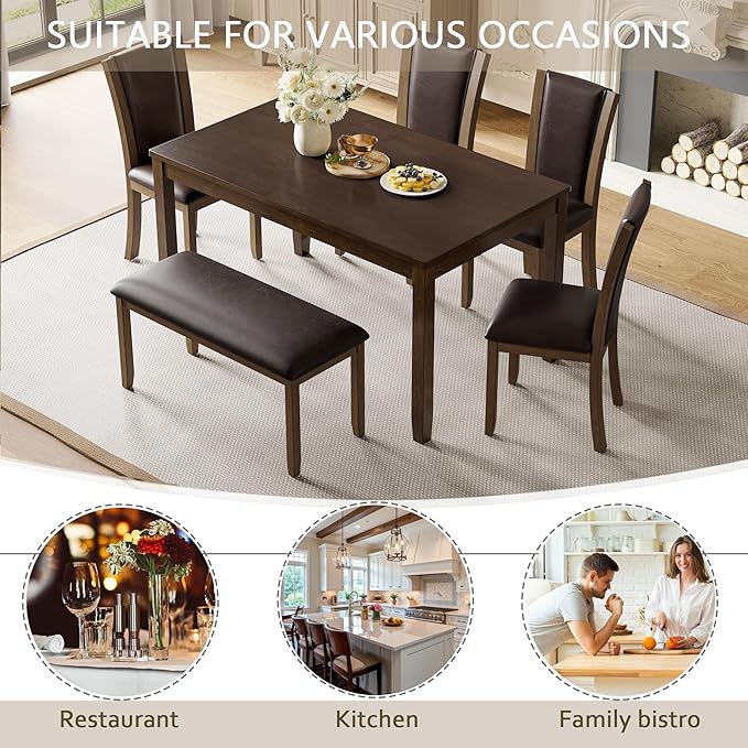 Ball & Cast 6 Piece Dining Table Set with 4 Upholstered Chairs & 1 Bench,Farmhouse Wooden Living Room Furniture for 6 W/ 58.5" Rectangle Kitchen Desk,for Restaurant,Home Bistro,Dining Room,Dark Walnut