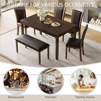 Ball & Cast 6 Piece Dining Table Set with 4 Upholstered Chairs & 1 Bench,Farmhouse Wooden Living Room Furniture for 6 W/ 58.5" Rectangle Kitchen Desk,for Restaurant,Home Bistro,Dining Room,Dark Walnut