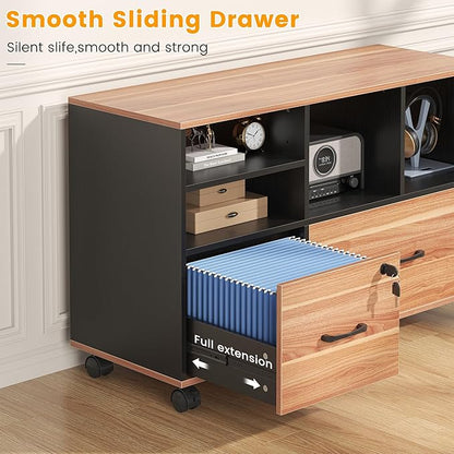 2 Drawer Wood Mobile Large Lateral File Cabinet with Lock, Lockable Rolling Filing Cabinet with Storage Shelves, Printer Stand Office Storage Cabinet for Home Office Fits Files Legal/A4