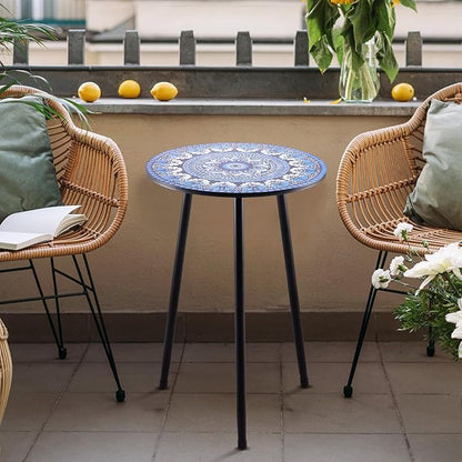 1 Pack Metal Mosaic Round Side Table 13.4" Small End Table for Patio Round Accent Garden Corner Stand for Small Spaces Weather-Resistant for Balcony Plant Stand Indoor Outdoor