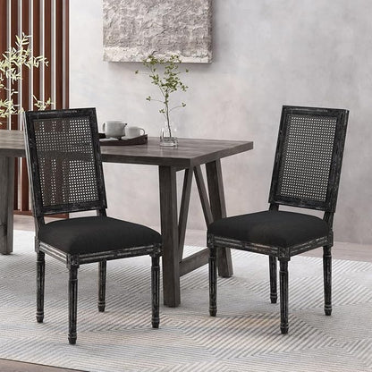 Merax Upholstered Solid Wood Dining Chairs Set of 2, French Country Style Accent Side Seating Furniture for Kitchen, Living Room, Wicker Back, Black