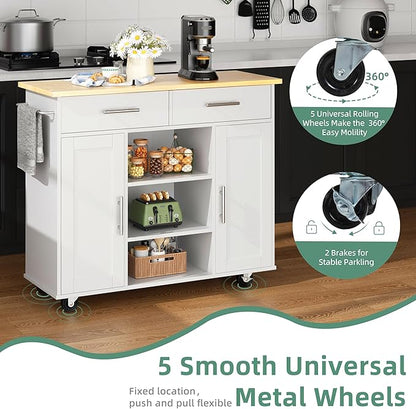 Shintenchi Kitchen Island with Storage, Kitchen Island Cart on Wheels with 3 Open Shelves, 2 Drawers and 2 Cabinets, Rolling Kitchen Table with Large Countertop, White