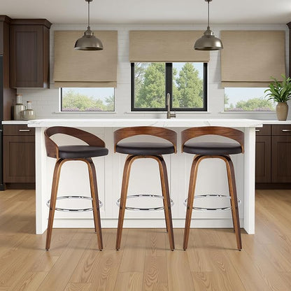 Armen Living Sonia 26" Counter Height Swivel Brown Faux Leather and Walnut Wood Bar Stool - Set of 4