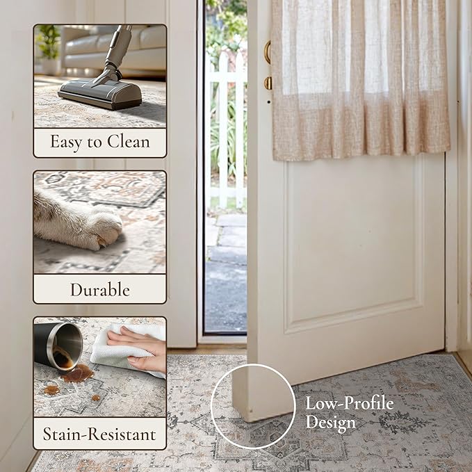 GENIMO 3x5 Area Rugs for Living Room, Machine Washable Non Slip Vintage Rugs, Low Pile Lightweight Chenille Print Rug for Bedroom, Dining Room, Home Office, Light Taupe Brown