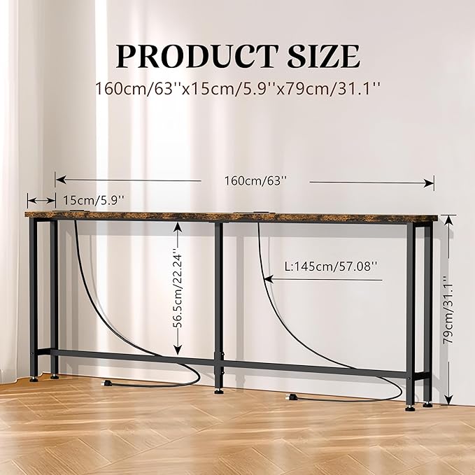 GRLEAF 63" Narrow Console Sofa Table with Built-in Power Strip (4 AC Outlets & 4 USB Ports) – 4.9ft Power Cord, Metal Frame, Easy Assembly, Ideal for Behind Couch, Hallway, and Office | Rustic Brown