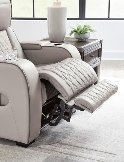 Signature Design by Ashley Boyington Contemporary Leather Match Power Reclining Loveseat with Console and USB Charging Ports, LED Lights and Adjustable Headrest, Light Gray